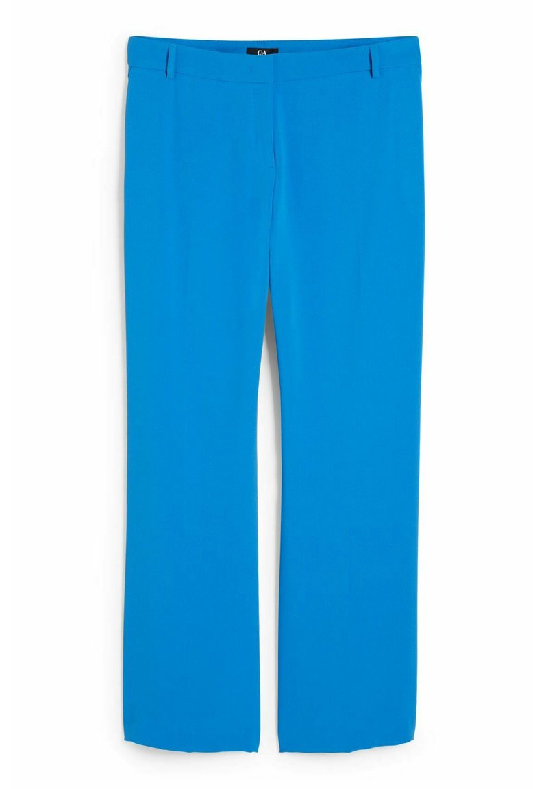 Helle blaue Hose mit geradem Bein, aus glattem Stoff gefertigt, mit einem mittelhohen Bund und ohne sichtbare Muster oder Verzierungen.