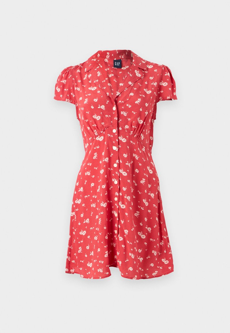 Rotes Blumenkleid mit kurzen Ärmeln, einer durchgehenden Knopfleiste und einer taillierten Passform, die am Saum ausläuft. Leichtes Material mit weichem Griff.
