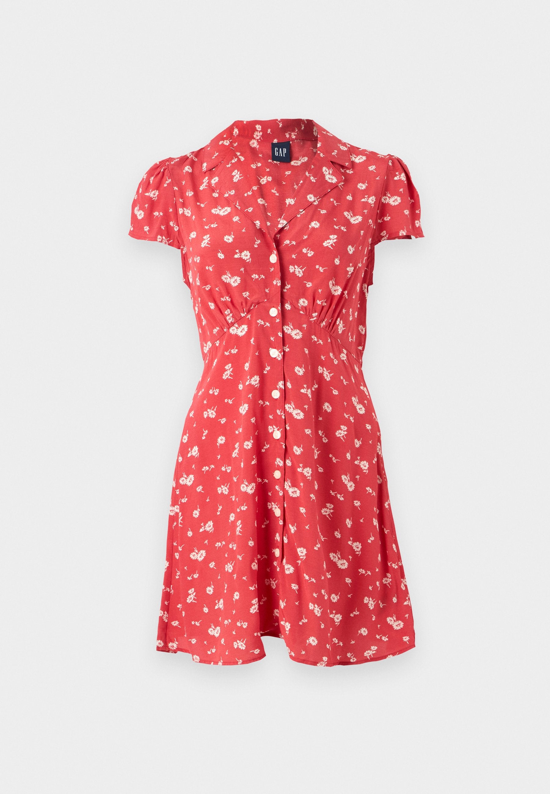 Rotes Blumenkleid mit kurzen Ärmeln, einer durchgehenden Knopfleiste und einer taillierten Passform, die am Saum ausläuft. Leichtes Material mit weichem Griff.