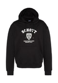 Schwarzer Kapuzenpullover aus Baumwollmischung mit Fronttasche, Kordelzugkapuze und weißem "Schott"-Logo mit einem Emblem und Text.