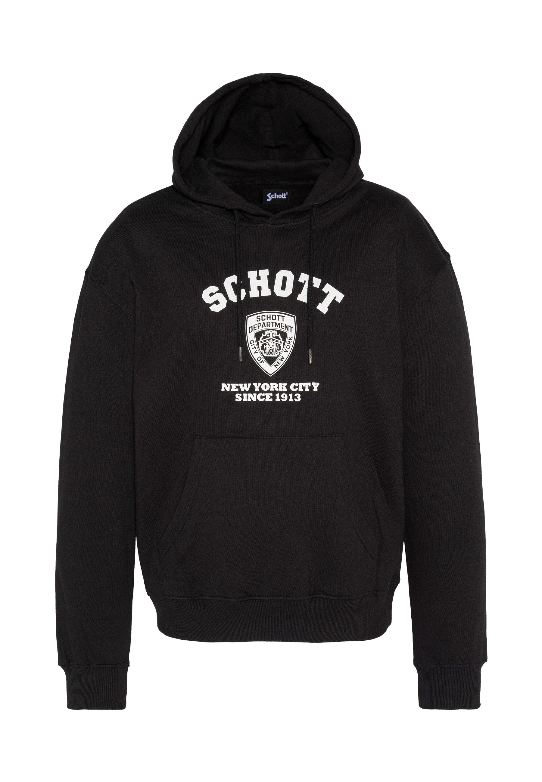 Schwarzer Kapuzenpullover aus Baumwollmischung mit Fronttasche, Kordelzugkapuze und weißem "Schott"-Logo mit einem Emblem und Text.
