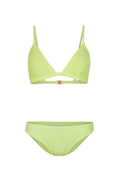 Hellgrünes Bikini-Set mit einem dreieckigen Oberteil mit schmalen Trägern und einem passenden niedrighängenden Höschen, hergestellt aus weichem, elastischem Material.