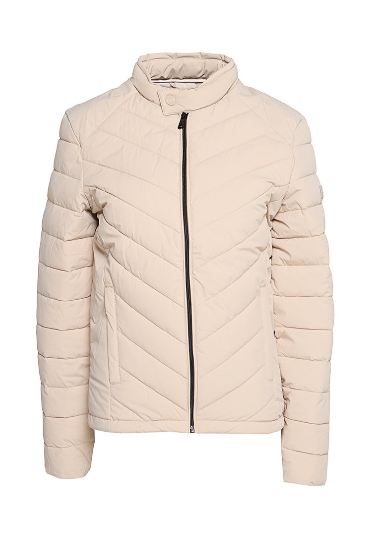 Beige gesteppte Damenjacke mit Stehkragen, Frontreißverschluss, Druckknopfverschluss sowie horizontalen und Chevron-Steppmustern.
