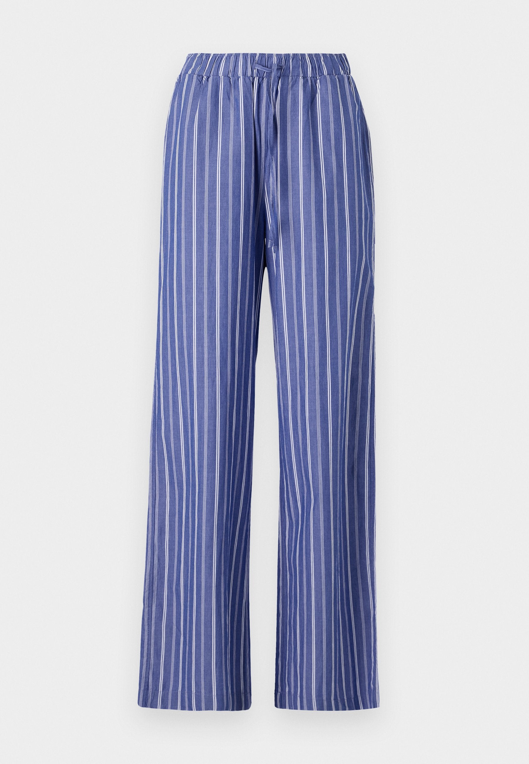 Blaue und weiße gestreifte weite Hosen mit elastischem Bund, aus leichtem Material, mit einem lockeren Schnitt und glatter Textur.