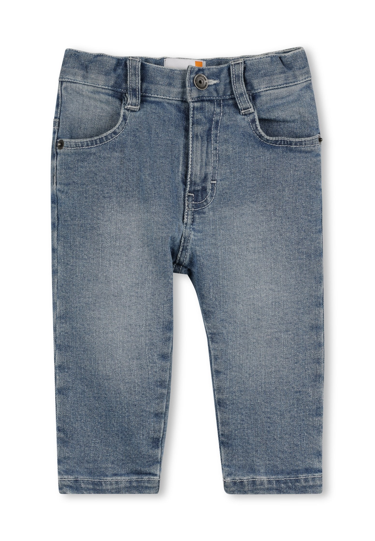 Hellblaue Jeans mit klassischem Fünf-Taschen-Design, ausgestattet mit einem Reißverschluss, Gürtelschlaufen und leichtem Verblassen für einen abgetragenen Effekt.