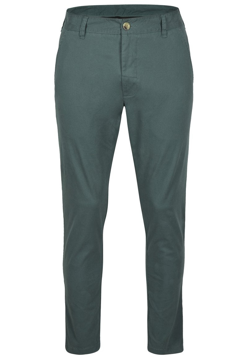 Grüne Baumwoll-Chinos mit schmaler Passform, ausgestattet mit einem vorderen Knopfverschluss und Taschen. Der Stoff hat eine glatte Textur und ein minimalistisches Design.