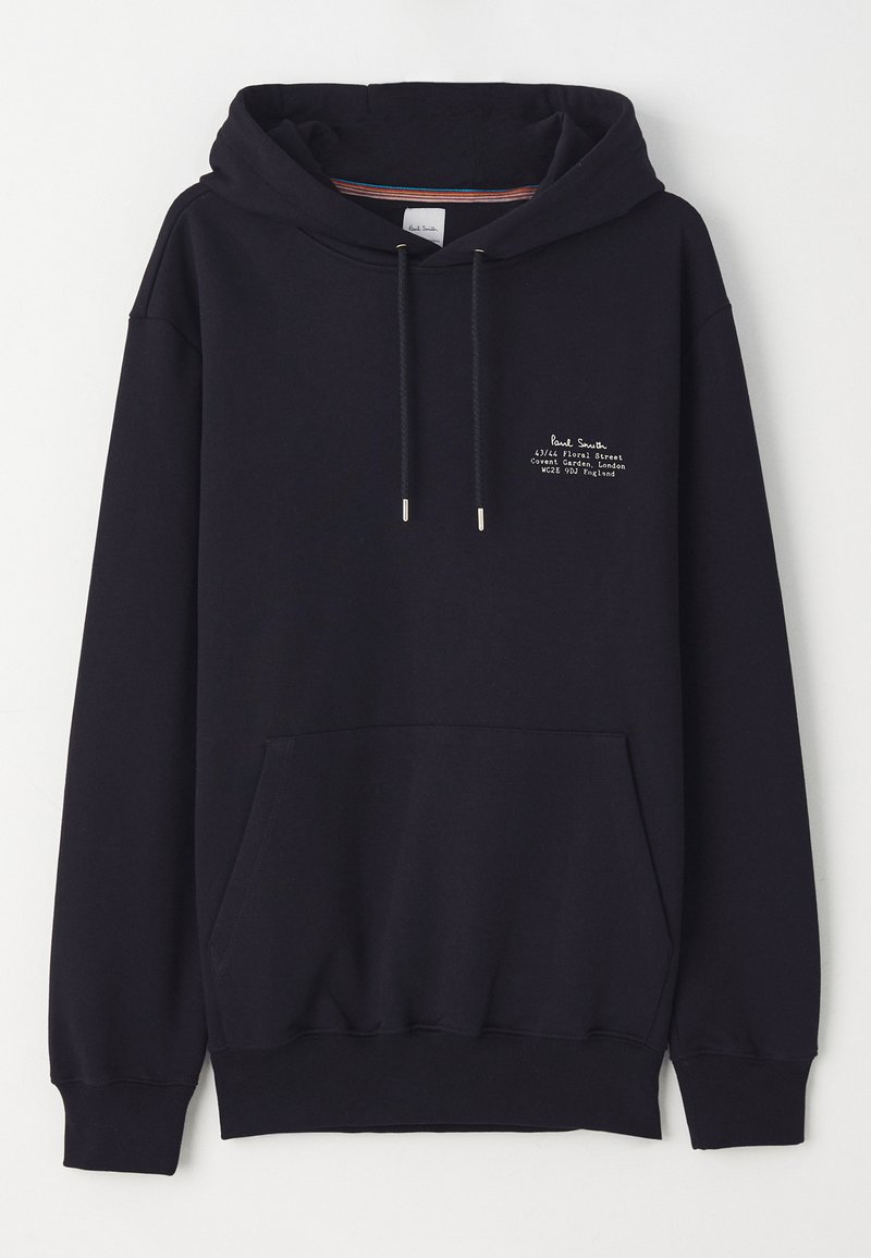 Marineblaues Hoodie mit einer Vordertasche, Kordelzügen und kleinen weißen Schriftzügen, die die Marke und die Adresse angeben. Aus weichem Stoff gefertigt.