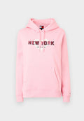 Helle rosa Kapuzenjacke aus Baumwolle mit dem Schriftzug "NEW YORK" in fettem Text und Herzgrafiken. Sie verfügt über eine Vordertasche und eine Kordelzugkapuze.