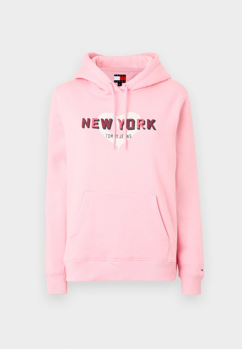 Helle rosa Kapuzenjacke aus Baumwolle mit dem Schriftzug "NEW YORK" in fettem Text und Herzgrafiken. Sie verfügt über eine Vordertasche und eine Kordelzugkapuze.