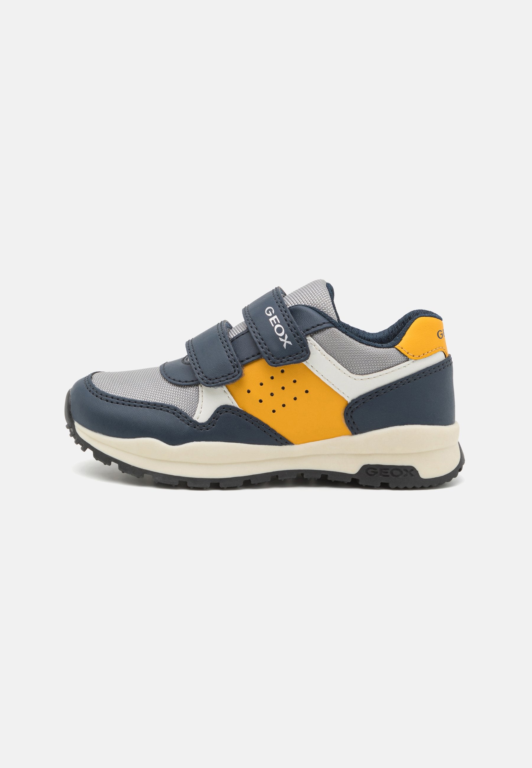 Graue und marineblaue Sneaker mit gelben Akzenten, aus Netz- und synthetischen Materialien, zwei Klettverschlüssen und einer flexiblen Außensohle. Geox-Branding an der Seite.