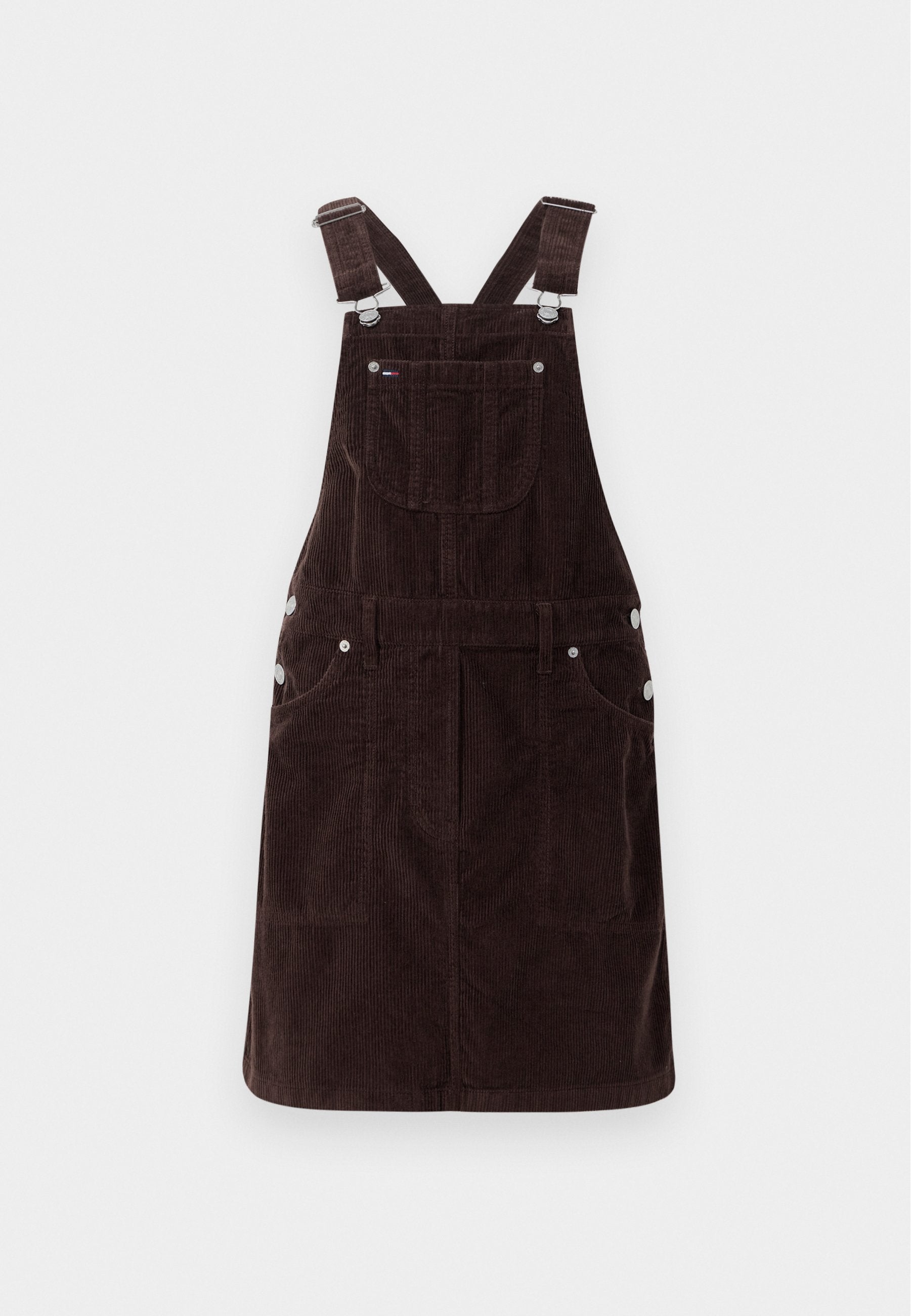 Braunes Cord-Dungaree-Kleid mit verstellbaren Trägern, vorderen Taschen und Metallbeschlägen. Entwickelt für lässige Freizeitkleidung.