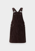 Braunes Cord-Dungaree-Kleid mit verstellbaren Trägern, vorderen Taschen und Metallbeschlägen. Entwickelt für lässige Freizeitkleidung.