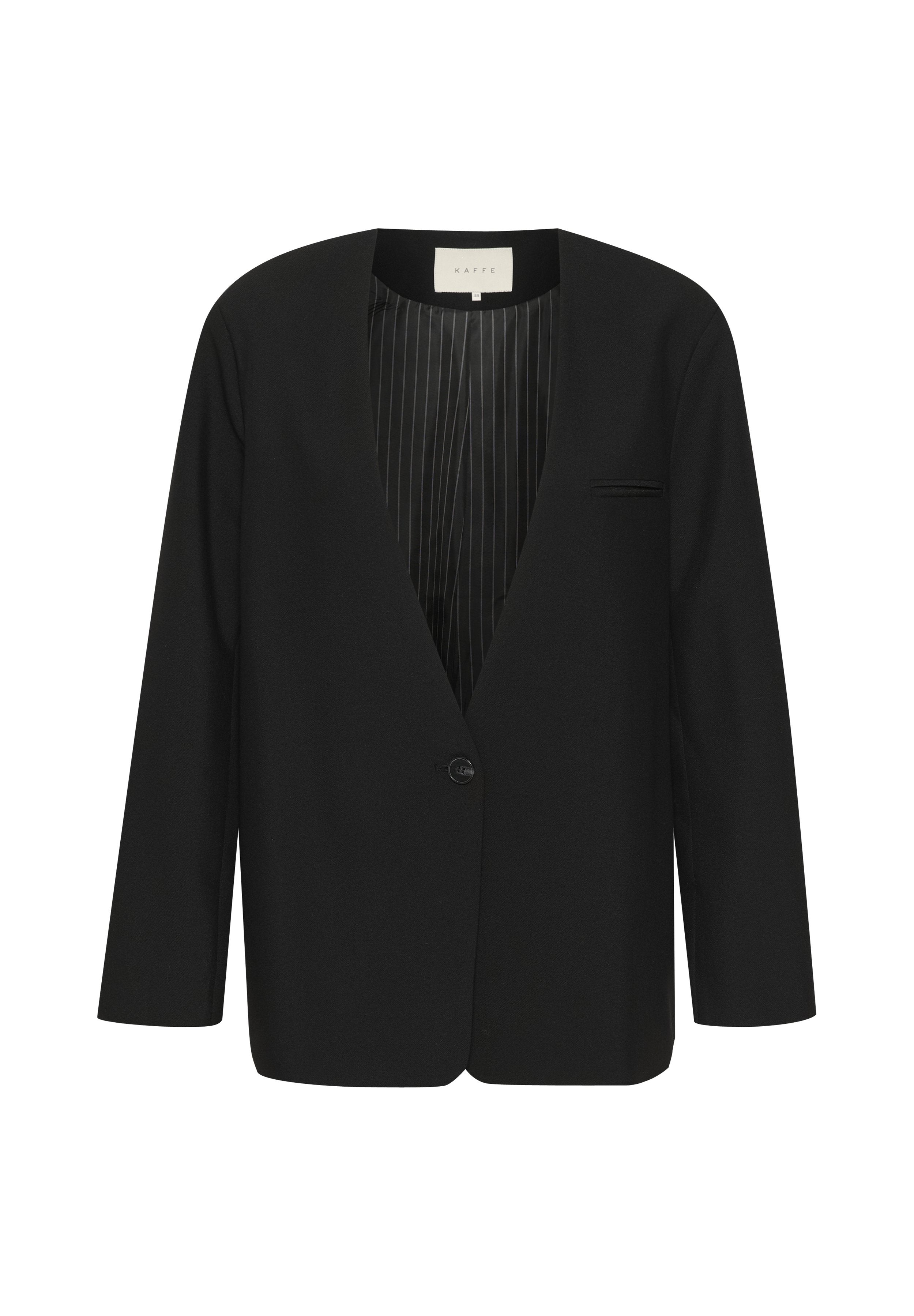 Schwarzer Blazer mit glatter Oberfläche, V-Ausschnitt, einem Knopf-Verschluss, langen Ärmeln und gestreiftem Innenfutter. Mit einer Brusttasche.