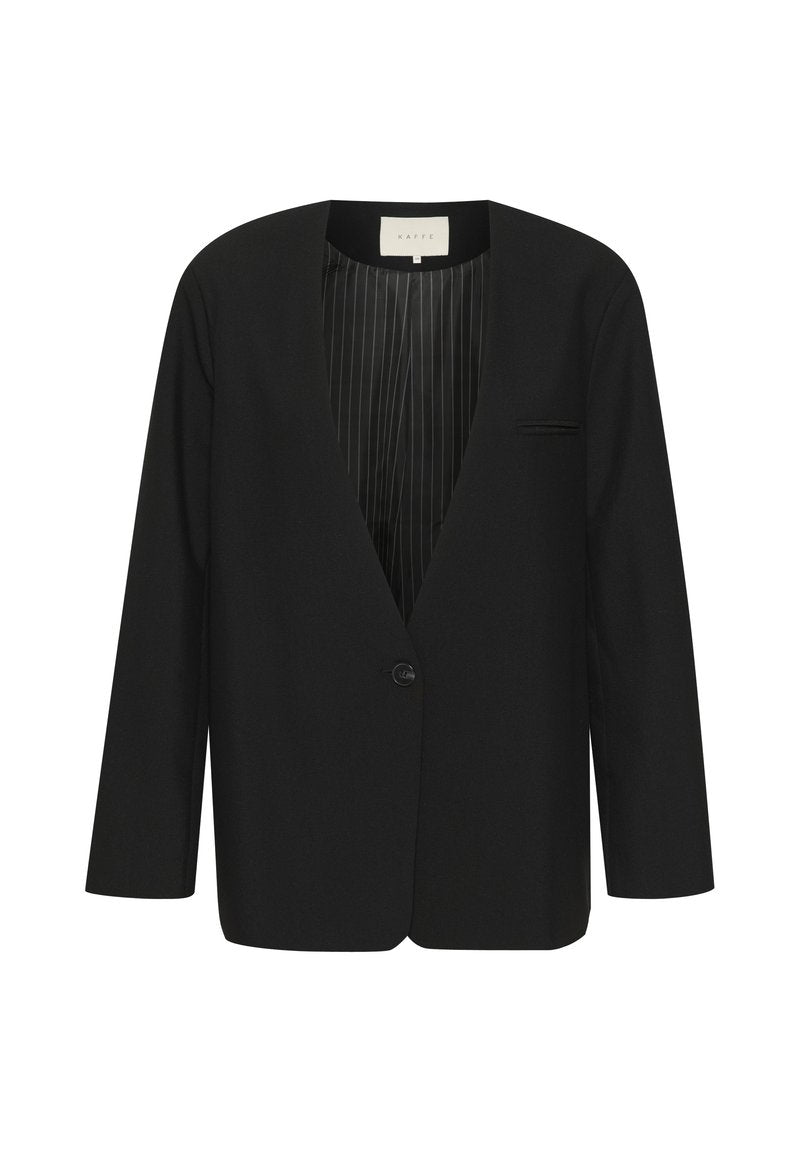 Schwarzer Blazer mit glatter Oberfläche, V-Ausschnitt, einem Knopf-Verschluss, langen Ärmeln und gestreiftem Innenfutter. Mit einer Brusttasche.