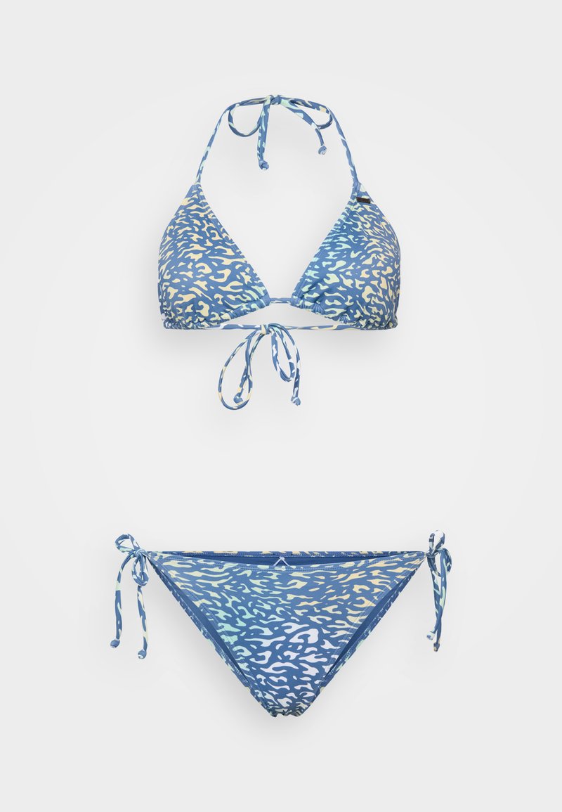 Blaues Bikini-Set mit einem dreieckigen Oberteil und Bindeschlüssen. Merkmale ein abstraktes Muster in Hellblau und Gelb. Weicher Stoff, verstellbare Schnüre.
