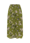 Blumenmaxirock mit einem elastischen Bund, der einen grünen Hintergrund und florale Muster in Pink, Weiß und Schwarz aufweist. Weicher, leichter Stoff.