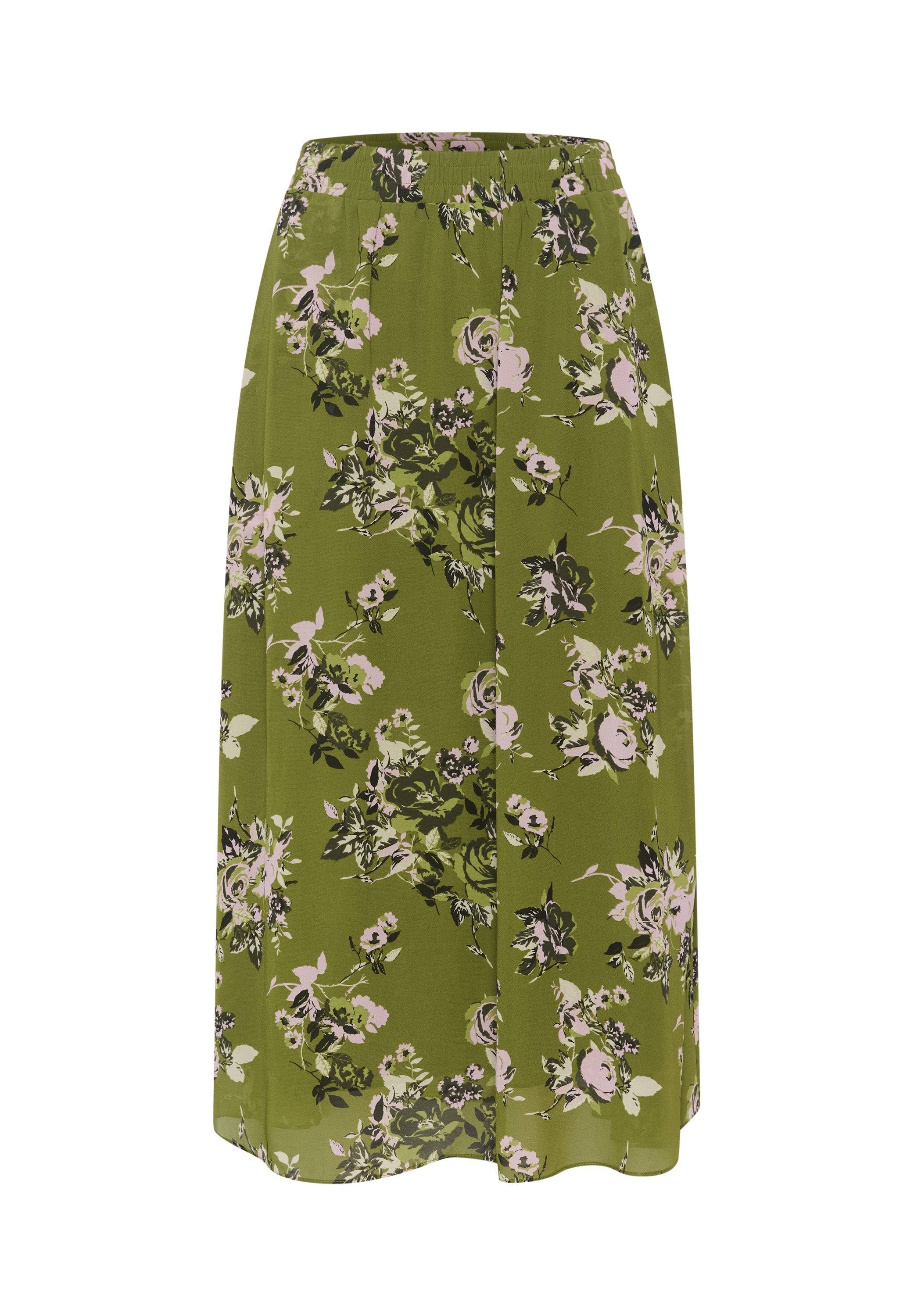 Blumenmaxirock mit einem elastischen Bund, der einen grünen Hintergrund und florale Muster in Pink, Weiß und Schwarz aufweist. Weicher, leichter Stoff.