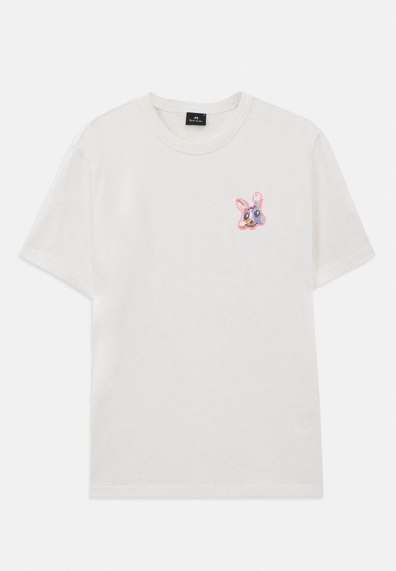 Weißes Baumwoll-T-Shirt mit einem kleinen, bunten gestickten Hasenmotiv auf der linken Brustseite und einem Rundhalsausschnitt. Kurze Ärmel.