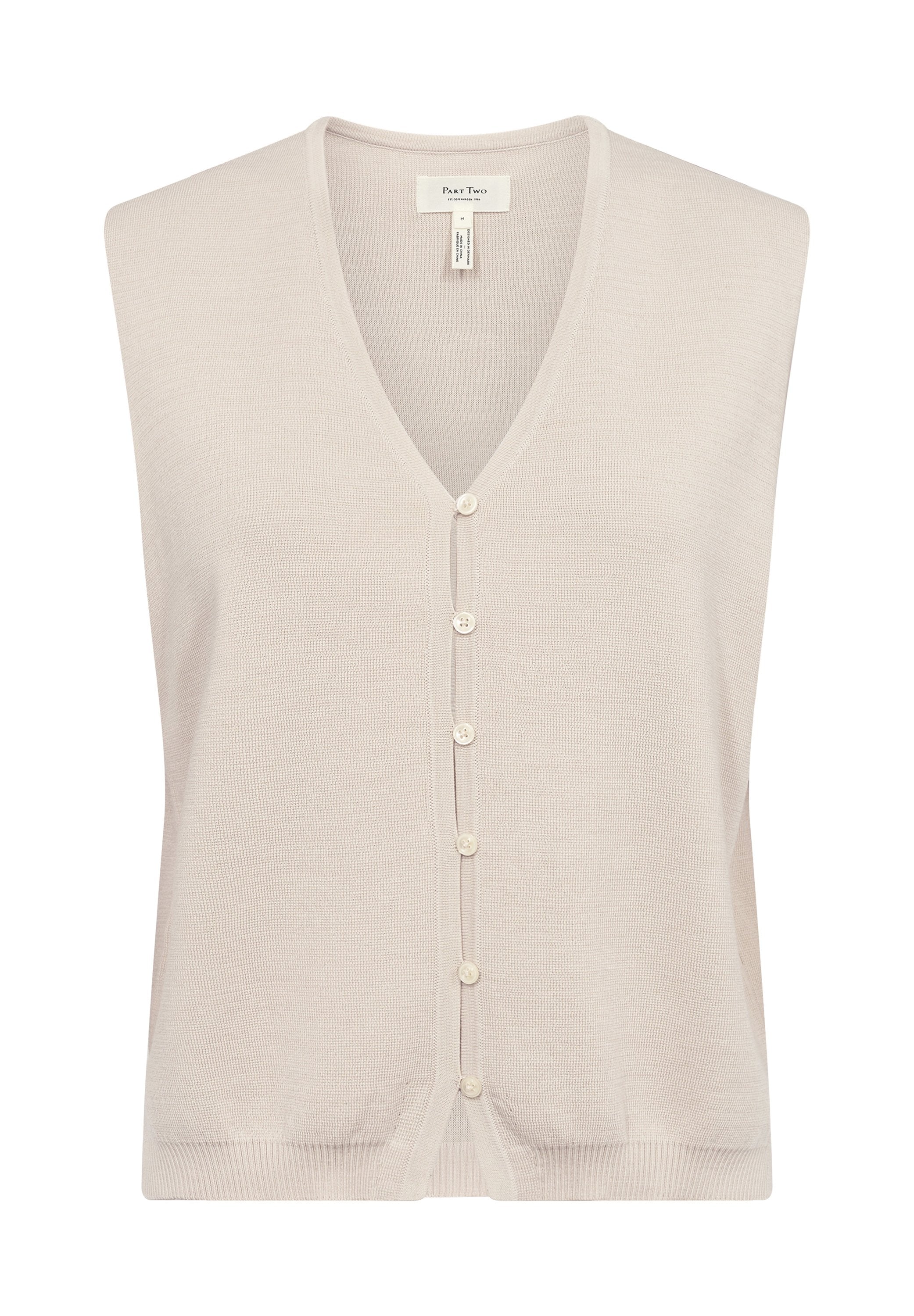 Ärmellose, hellbeige Strickjacke mit V-Ausschnitt, Knopfverschluss, strukturiertem Strickmaterial und geradem Saum. Ideal zum Übereinziehen.