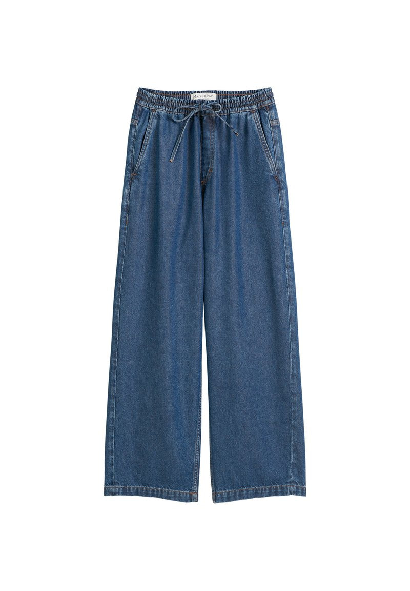 Hellblaue Jeans mit weitem Bein, elastischem Bund, Kordelzug, seitlichen Taschen und genähten Details an den Säumen.