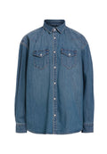 Blaue Jeanshemd mit Knopfleiste, spitzem Kragen, zwei aufgesetzten Brusttaschen mit Klappen und langen Ärmeln mit Knopfmanschetten.