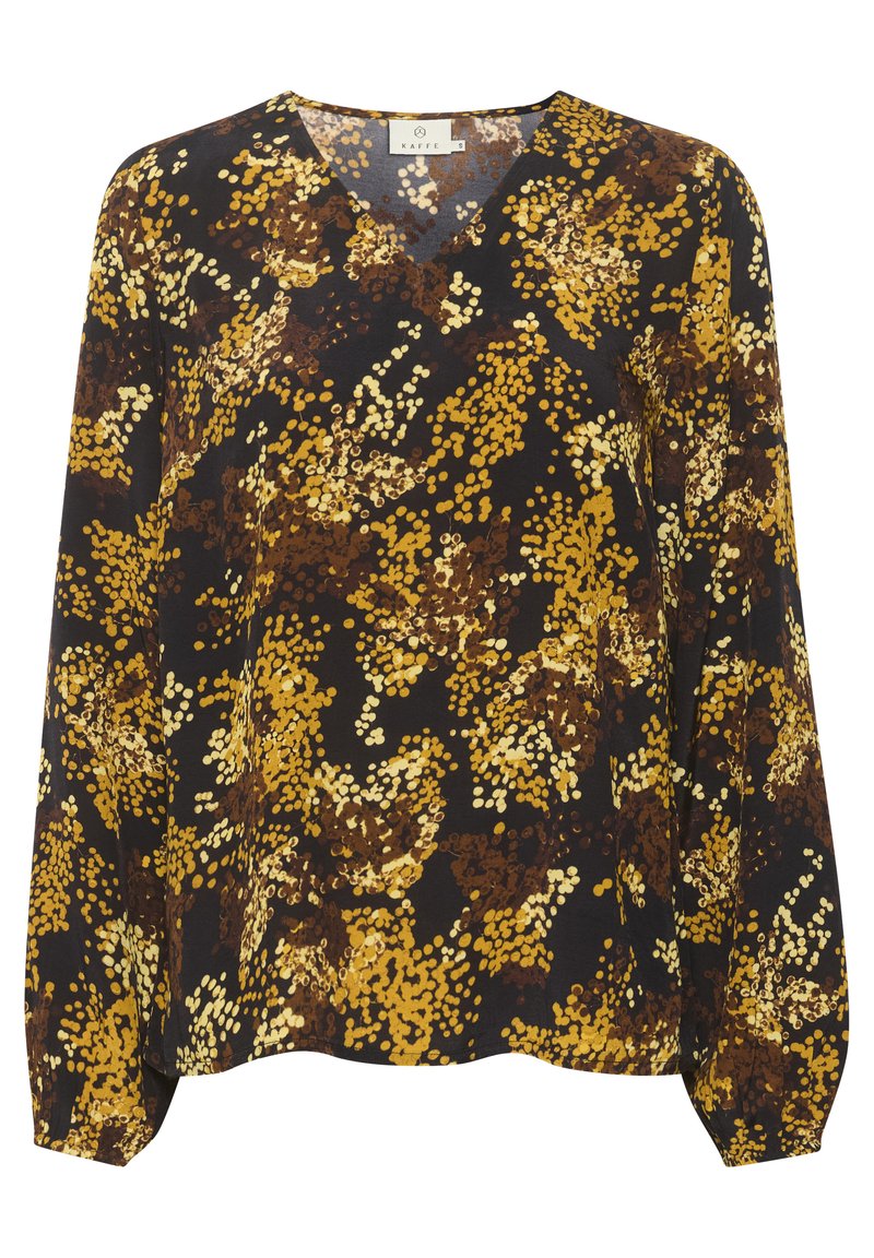 Schwarze V-Ausschnitt-Bluse mit langen Ärmeln, die ein verstreutes abstraktes Punkte-Muster in Gelb-, Braun- und Beigetönen aufweist.