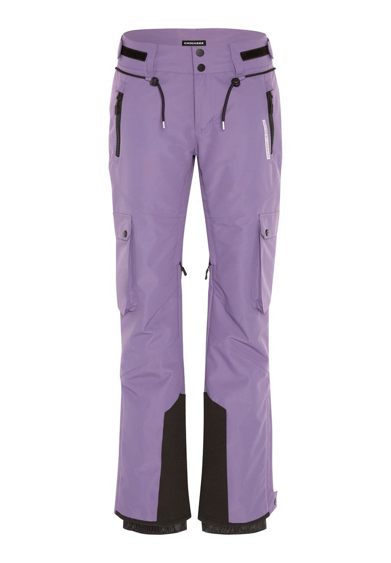 Lila Schneehose mit schwarzen Akzenten, Reißverschlusstaschen, verstellbarem Taillenbund und verstärkten Bündchen für Langlebigkeit. Hergestellt aus wasserdichtem Material.