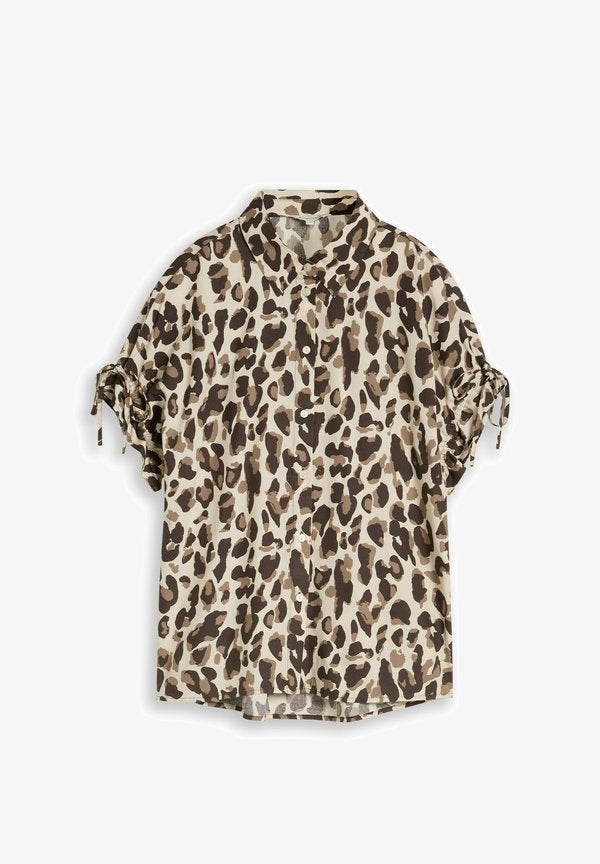 TOM TAILOR BLOUSE PRINTED SHORTSLEEVES - Button-down blouse - brown beige leo print