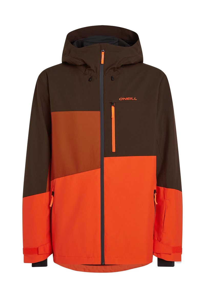 Skijacke mit Kapuze, die braune und orange Farbblockierung, mit Reißverschlusstaschen und verstellbaren Manschetten aufweist. Hergestellt aus strapazierfähigem, wetterbeständigem Material.
