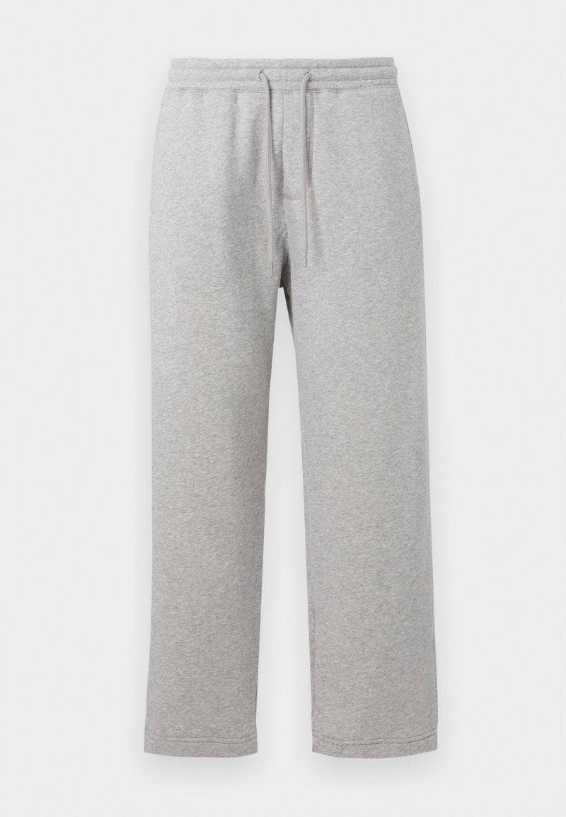 Graue Baumwoll-Sweatpants mit elastischem Bund und Kordelzug. Gerades Bein Design mit genähten Säumen und ohne Taschen.