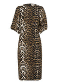 Leopardenmuster-Kleid mit kurzen Puffärmeln, Rundhalsausschnitt und taillierter Silhouette. Der Stoff hat eine glatte Textur in Schwarz-, Braun- und Cremetönen.