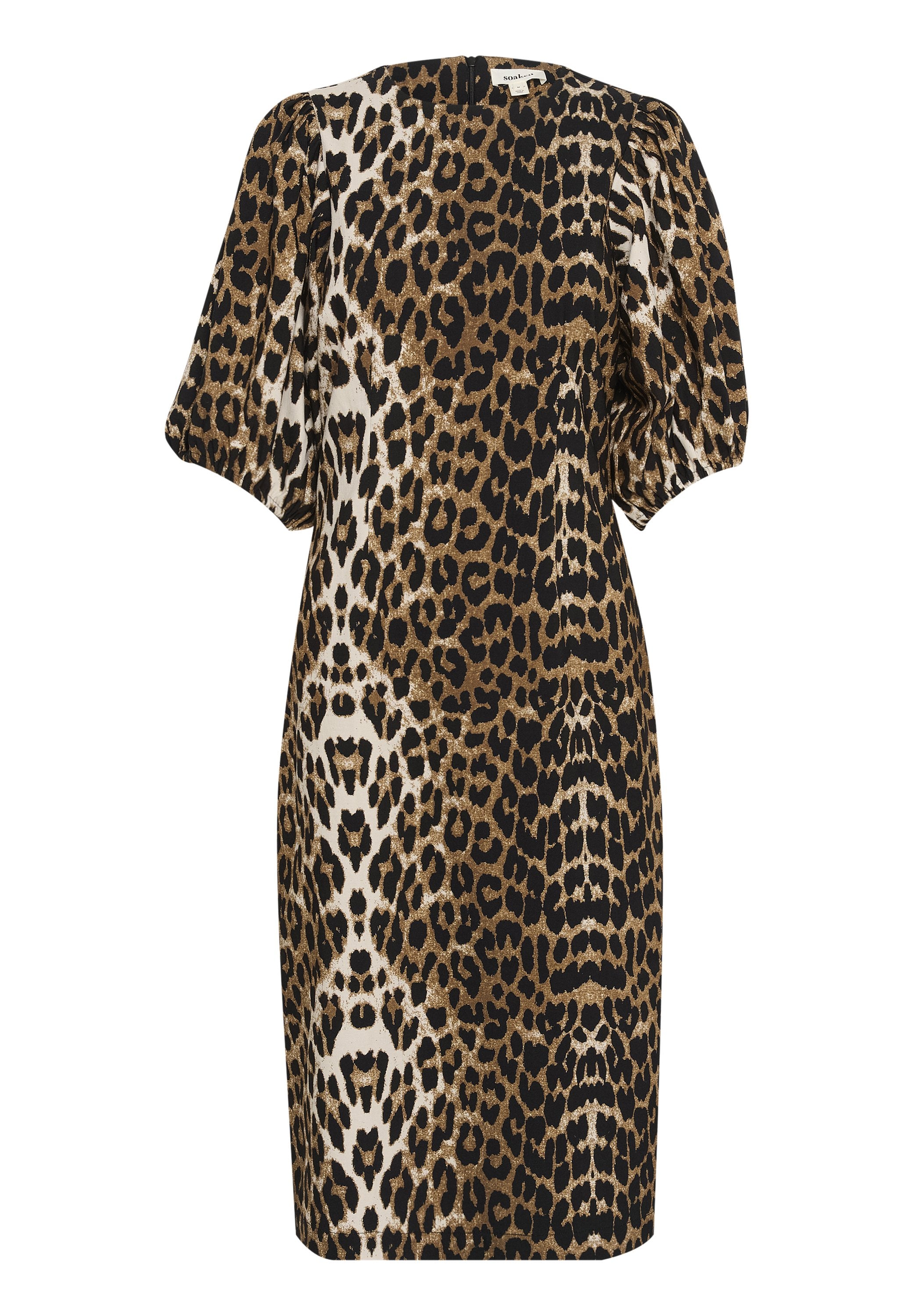 Leopardenmuster-Kleid mit kurzen Puffärmeln, Rundhalsausschnitt und taillierter Silhouette. Der Stoff hat eine glatte Textur in Schwarz-, Braun- und Cremetönen.
