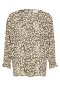 Braune Bluse mit weißem Blumenmuster, langen Ärmeln und gerafften Bündchen. Verfügt über einen Schlüsselaußenschluss am Rücken und einen lockeren, entspannten Schnitt.