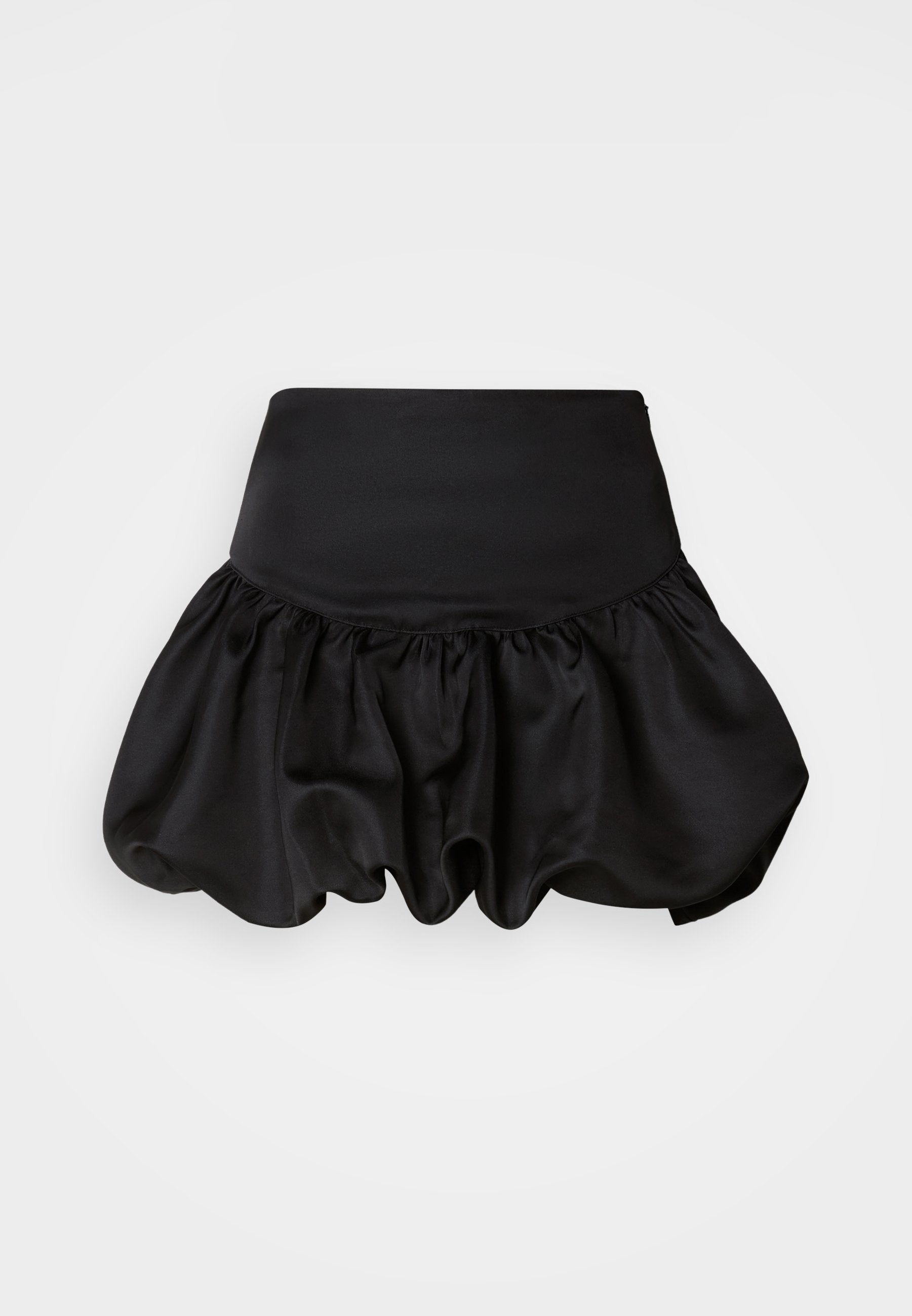 Schwarzer Satinenrock mit tailliertem Bund und voluminösem, gerafftem Saum. Verfügt über eine glatte Textur und eine ballonförmige Silhouette.