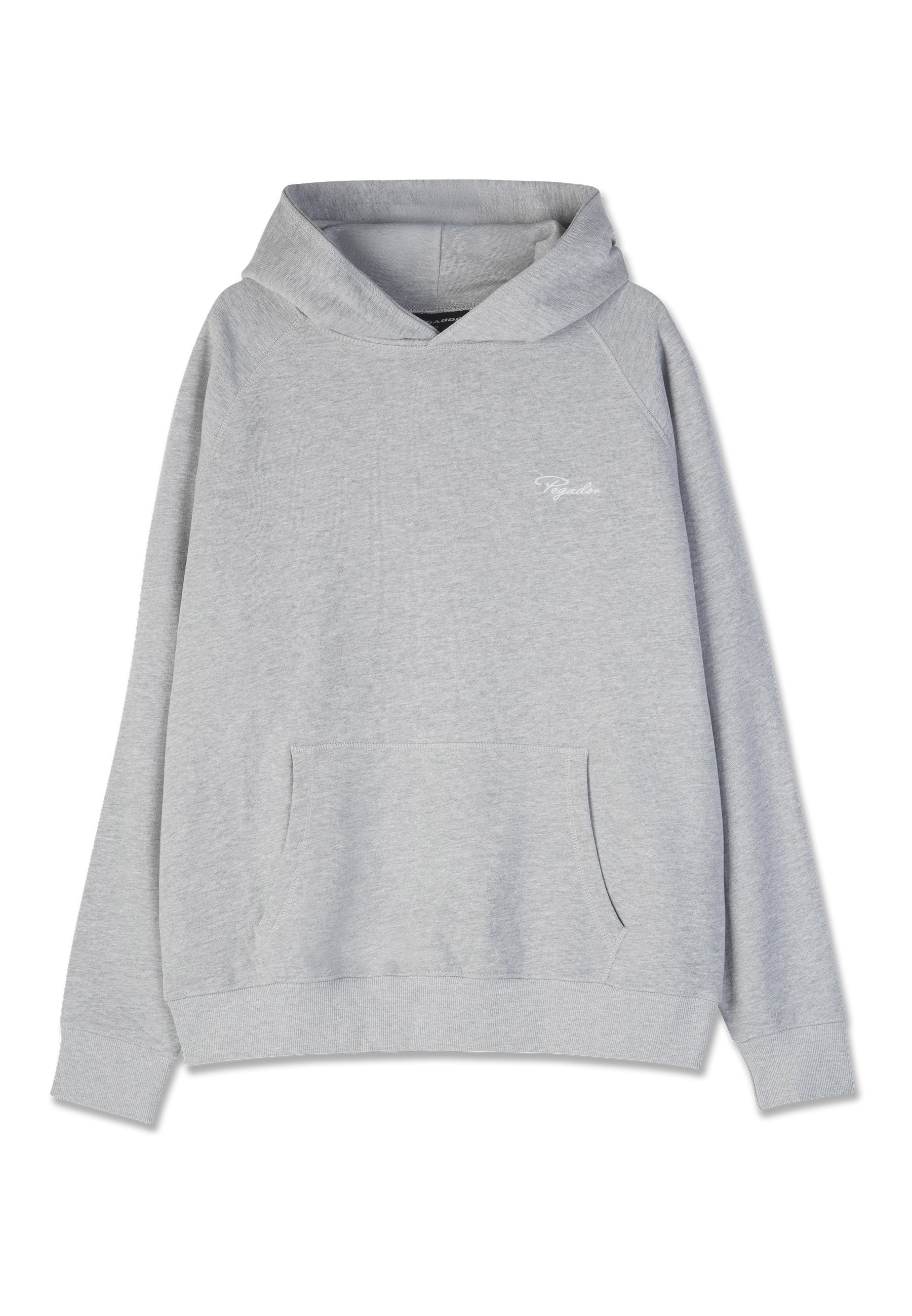 Grauer Kapuzenpullover mit einer Fronttasche, gerippten Bündchen und Saum, featuring einem kleinen weißen Logo auf der Brust. Weiches Baumwollmischgewebe.