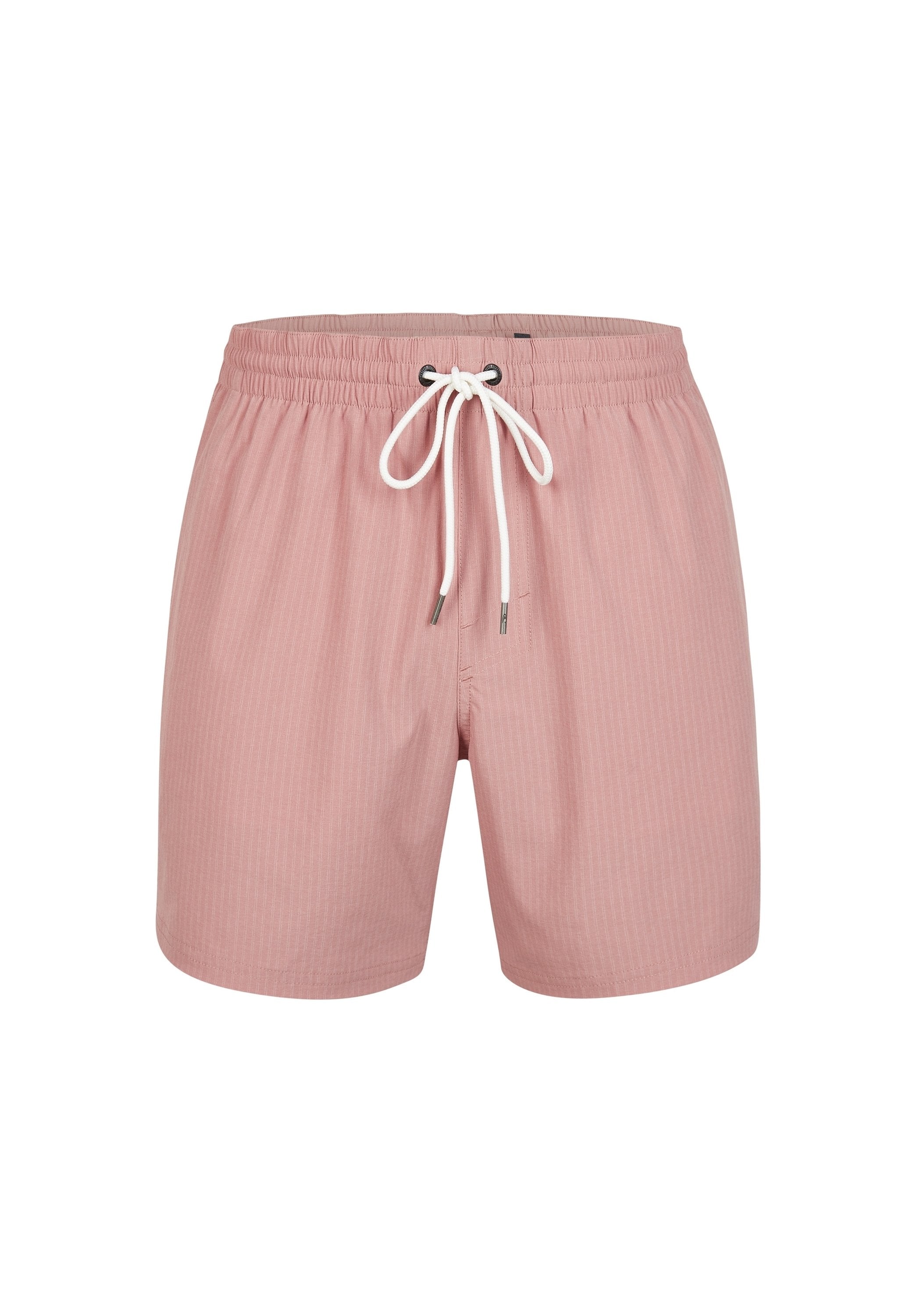 Helles pinke Badehose mit elastischem Bund und weißem Kordelzug. Vertikale gerippte Textur. Verfügt über silberne Hardware-Details.