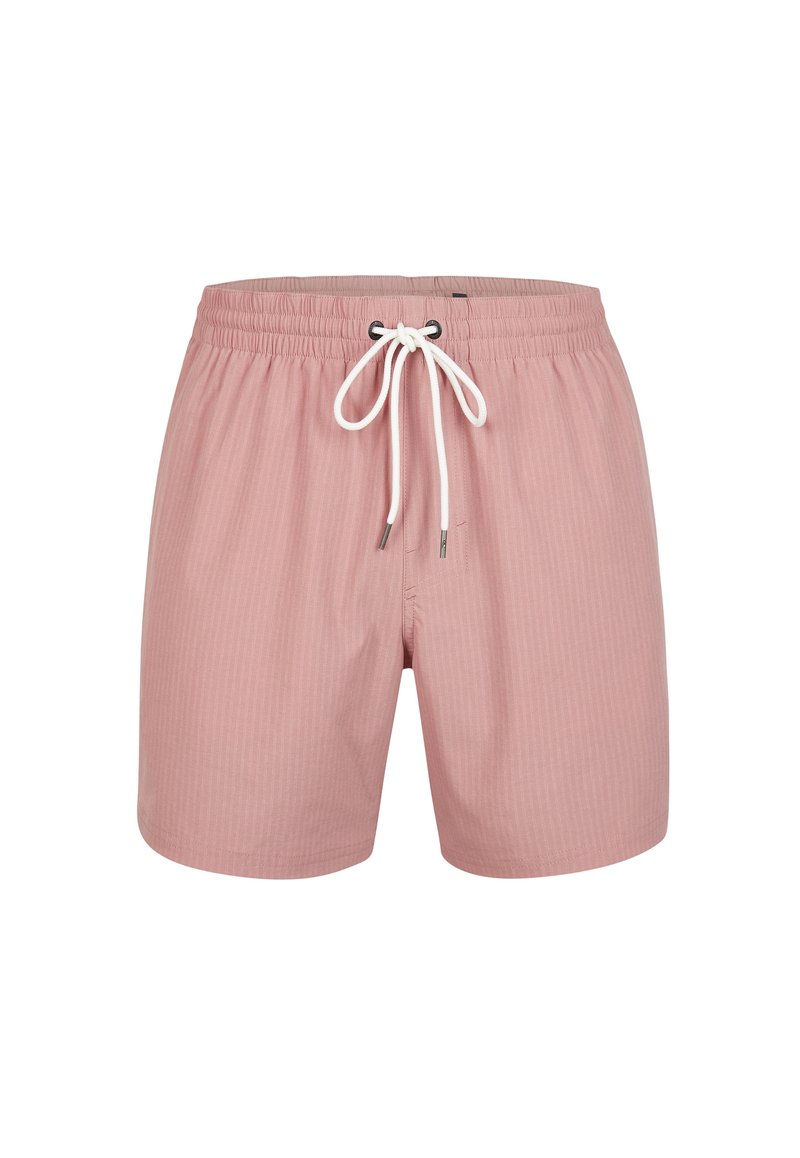 Helles pinke Badehose mit elastischem Bund und weißem Kordelzug. Vertikale gerippte Textur. Verfügt über silberne Hardware-Details.