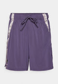 Lila, strukturierte Sportshorts mit elastischem Bund, Kordelzug und silbernen Seitenstreifen. Mit Cargo-Taschen und lockerer Passform.