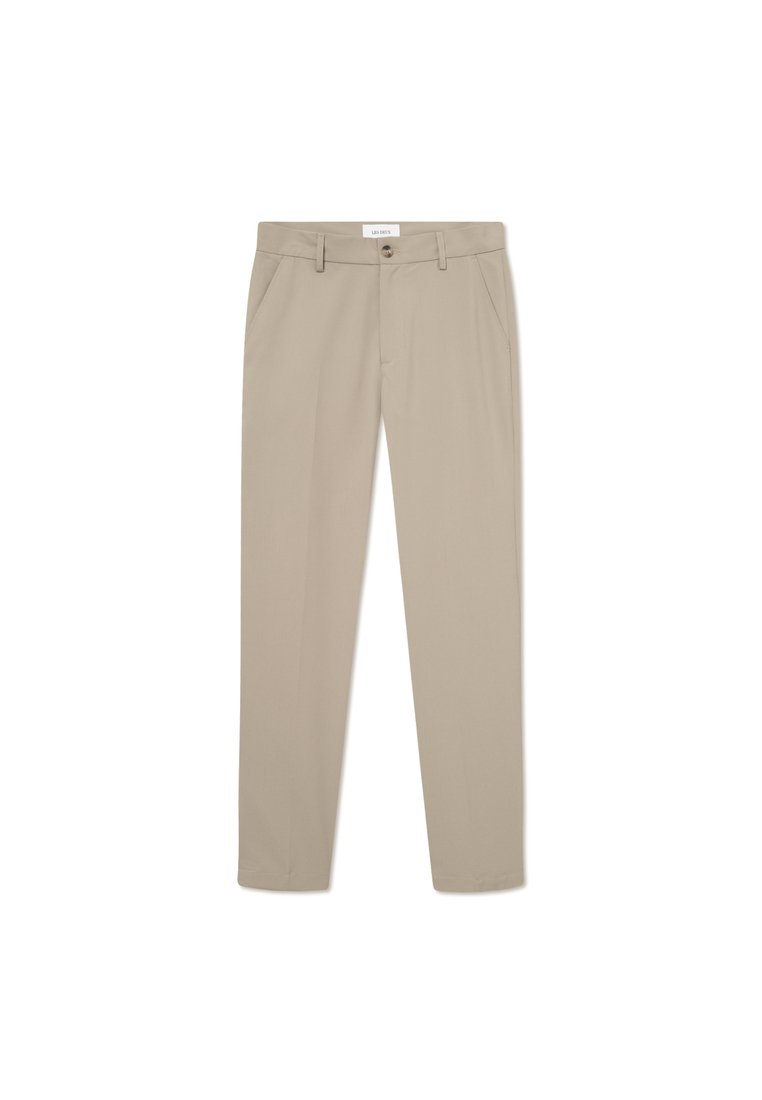 Beige maßgeschneiderte Hose aus glattem Stoff. Sie verfügt über Fronttaschen, einen Knopfverschluss und ein elegantes, gerades Bein-Design.