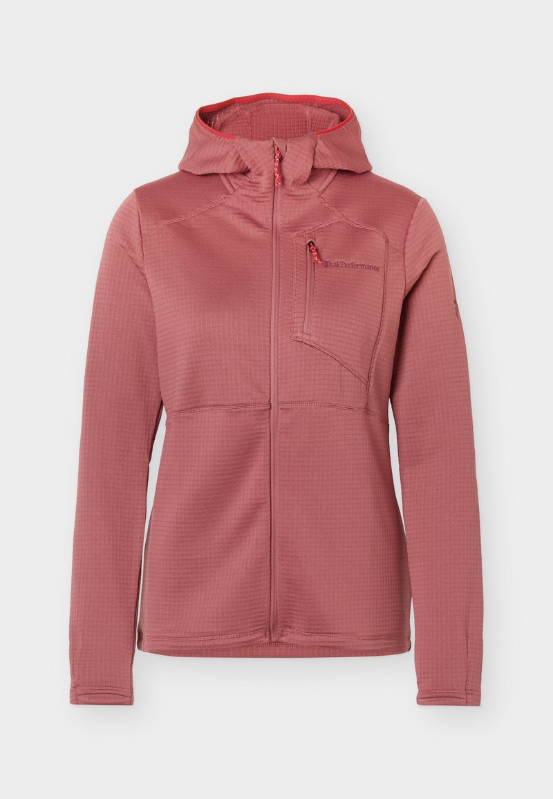 Pinkfarbene Kapuzenjacke mit langen Ärmeln, Frontreißverschluss und Reißverschlusstasche auf der Brust, aus strukturiertem Stoff.