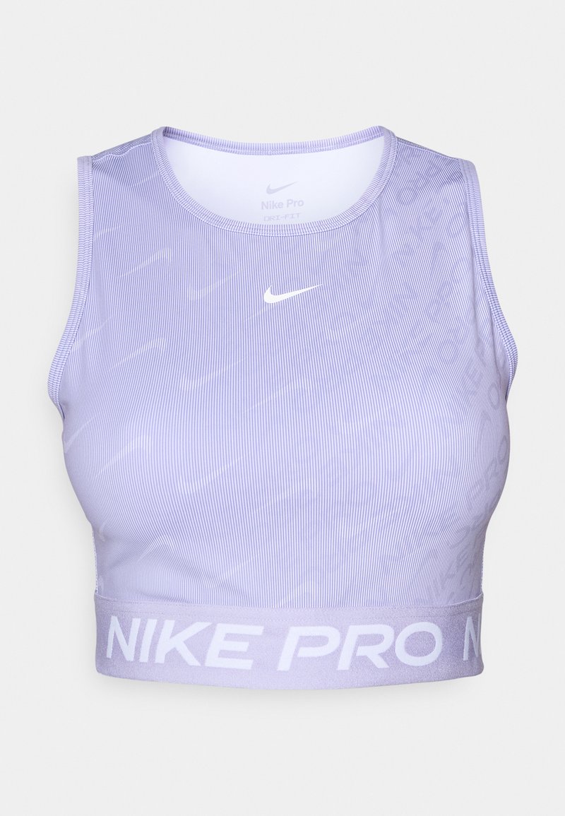 Hellblaues Nike Pro Crop-Top mit geripptem Textur, das ein weißes Logo und ein breites Band mit der Aufschrift "NIKE PRO" in Weiß zeigt.