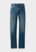 Blaue Denim-Jeans im Straight-Leg-Design, ausgestattet mit einem Fünf-Taschen-Stil, dezenten Verwaschungen und kontrastierenden Nähten.