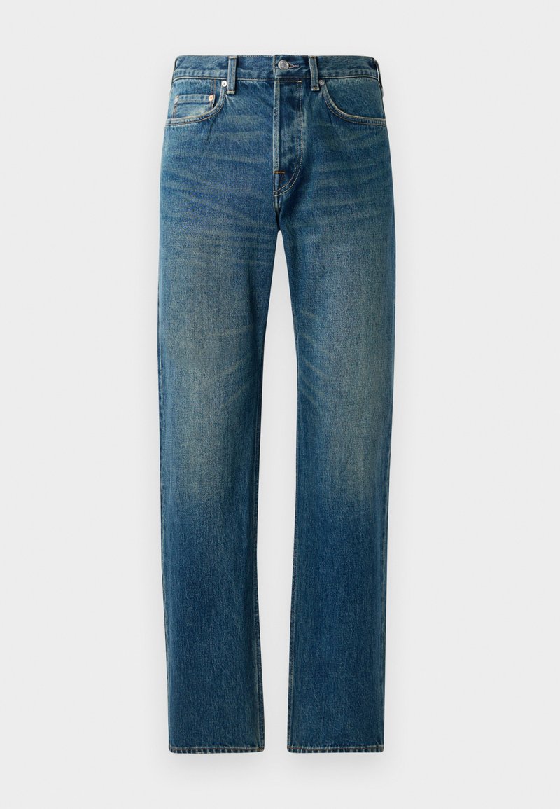 Blaue Denim-Jeans im Straight-Leg-Design, ausgestattet mit einem Fünf-Taschen-Stil, dezenten Verwaschungen und kontrastierenden Nähten.