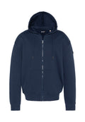Marineblaue Kapuzenjacke mit Reißverschluss aus dickem Baumwollstoff, mit Kordelzugkapuze, Fronttaschen sowie gerippten Bündchen und Saum. Glatte Textur, lässige Passform.
