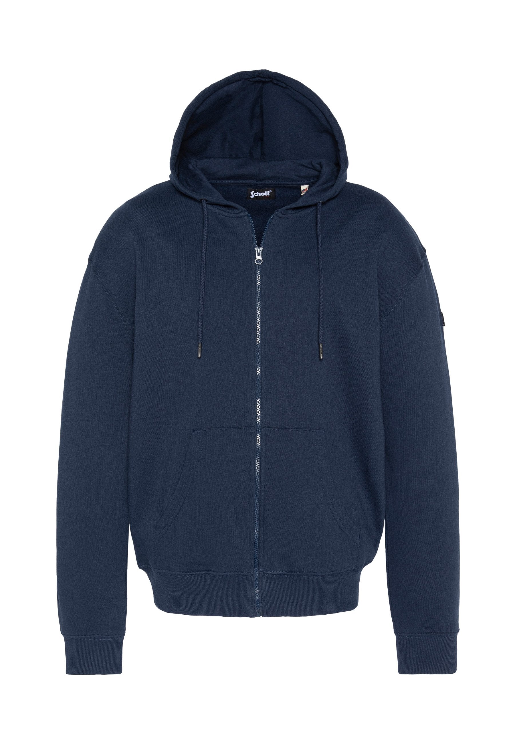 Marineblaue Kapuzenjacke mit Reißverschluss aus dickem Baumwollstoff, mit Kordelzugkapuze, Fronttaschen sowie gerippten Bündchen und Saum. Glatte Textur, lässige Passform.