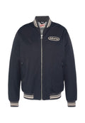 Marineblauer Bomberjacke mit einem Frontreißverschluss, gerippten Bündchen und Kragen. Verfügt über ein beigefarbenes gesticktes Logo auf der Brust und seitliche Taschen.