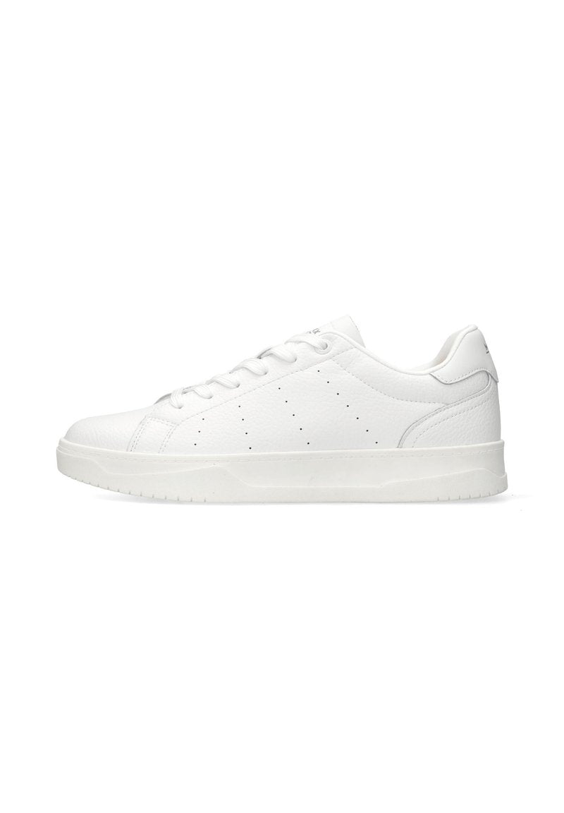 Weiße Leder-Sneaker mit abgerundeter Spitze, flacher Gummisohle und perforierten seitlichen Details. Mit passenden weißen Schnürsenkeln und minimalem Branding.