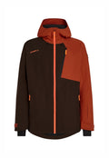 Braune und orange isolierte Jacke mit Kapuze, Reißverschluss-Brusttasche, kontrastierenden Stoffpaneelen und verstellbaren Bündchen.