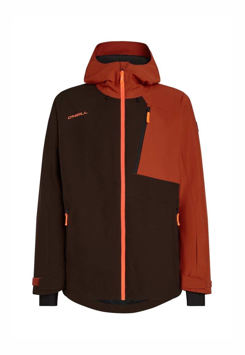 Braune und orange isolierte Jacke mit Kapuze, Reißverschluss-Brusttasche, kontrastierenden Stoffpaneelen und verstellbaren Bündchen.