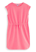 Rosa ärmelloses Kleid aus weichem Stoff, mit einem Kordelzuge waist, zwei Seitentaschen und einem runden Ausschnitt.